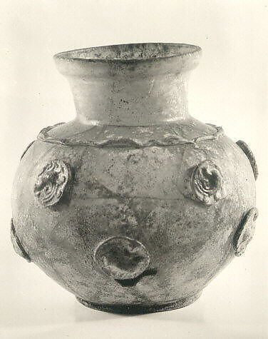 Vase with Five Discs, Glass, colorless; blown, applied trail, applied stamped medallions