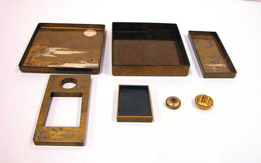 Writing Box with Cranes, Pines, Plum Blossoms, and Characters, Lacquered wood with gold and silver takamaki-e, hiramaki-e, togidashimaki-e, and silver inlay on nashiji ground, Japan