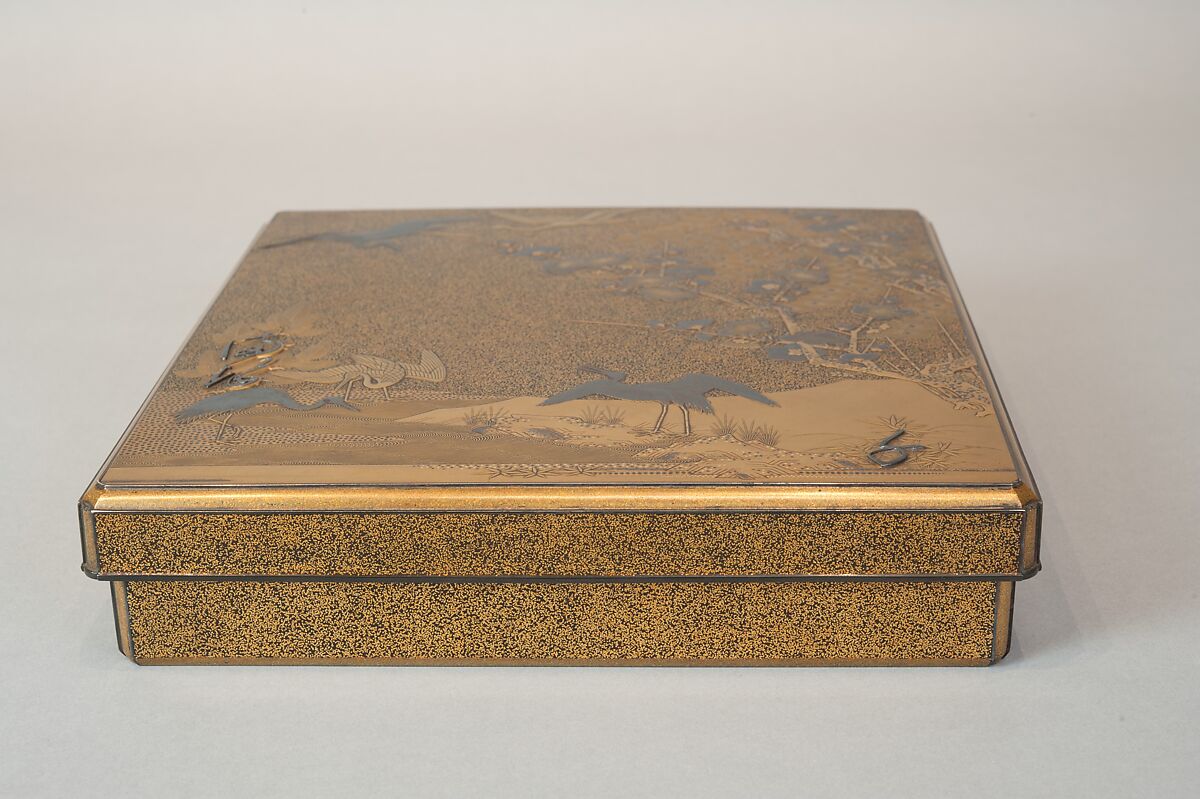 Writing Box with Cranes, Pines, Plum Blossoms, and Characters, Lacquered wood with gold and silver takamaki-e, hiramaki-e, togidashimaki-e, and silver inlay on nashiji ground, Japan