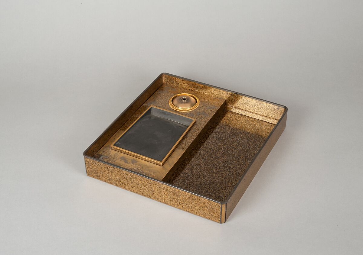 Writing Box with Cranes, Pines, Plum Blossoms, and Characters, Lacquered wood with gold and silver takamaki-e, hiramaki-e, togidashimaki-e, and silver inlay on nashiji ground, Japan