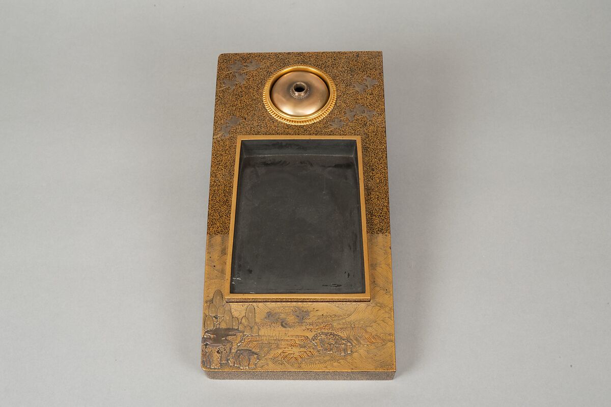 Writing Box with Cranes, Pines, Plum Blossoms, and Characters, Lacquered wood with gold and silver takamaki-e, hiramaki-e, togidashimaki-e, and silver inlay on nashiji ground, Japan