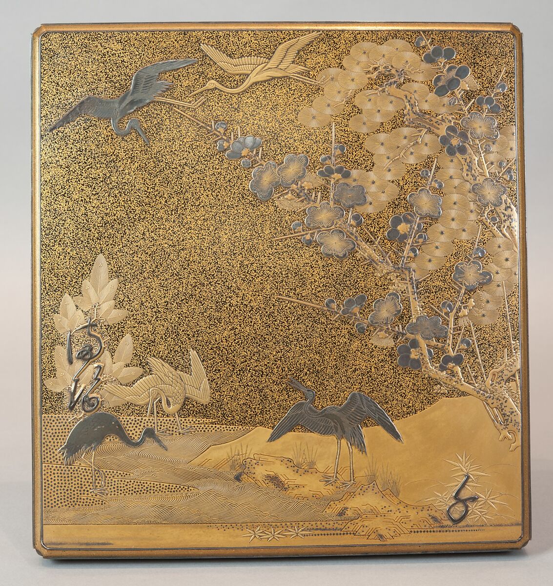 Writing Box with Cranes, Pines, Plum Blossoms, and Characters, Lacquered wood with gold and silver takamaki-e, hiramaki-e, togidashimaki-e, and silver inlay on nashiji ground, Japan