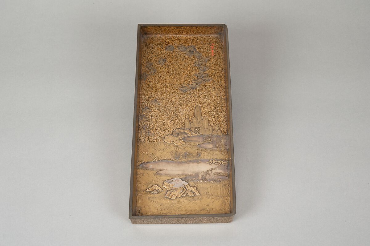 Writing Box with Cranes, Pines, Plum Blossoms, and Characters, Lacquered wood with gold and silver takamaki-e, hiramaki-e, togidashimaki-e, and silver inlay on nashiji ground, Japan