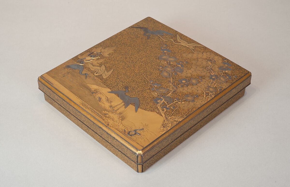 Writing Box with Cranes, Pines, Plum Blossoms, and Characters, Lacquered wood with gold and silver takamaki-e, hiramaki-e, togidashimaki-e, and silver inlay on nashiji ground, Japan 