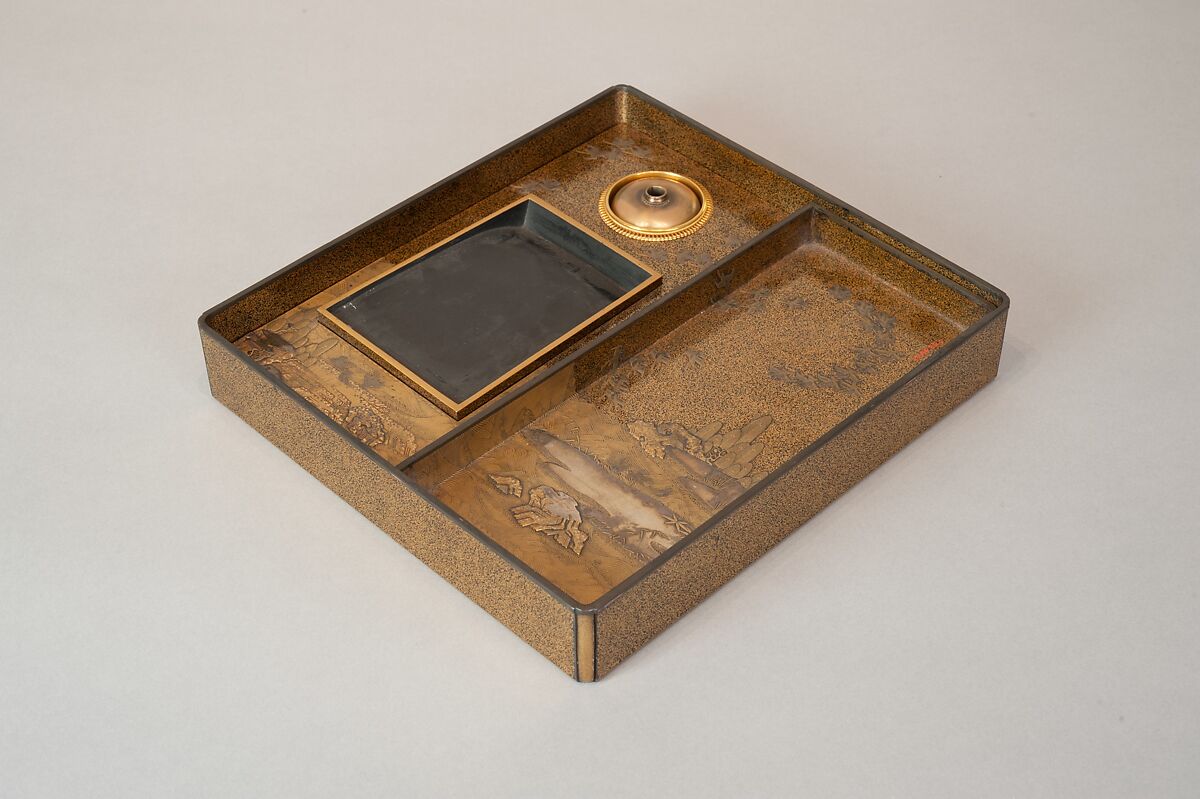 Writing Box with Cranes, Pines, Plum Blossoms, and Characters, Lacquered wood with gold and silver takamaki-e, hiramaki-e, togidashimaki-e, and silver inlay on nashiji ground, Japan