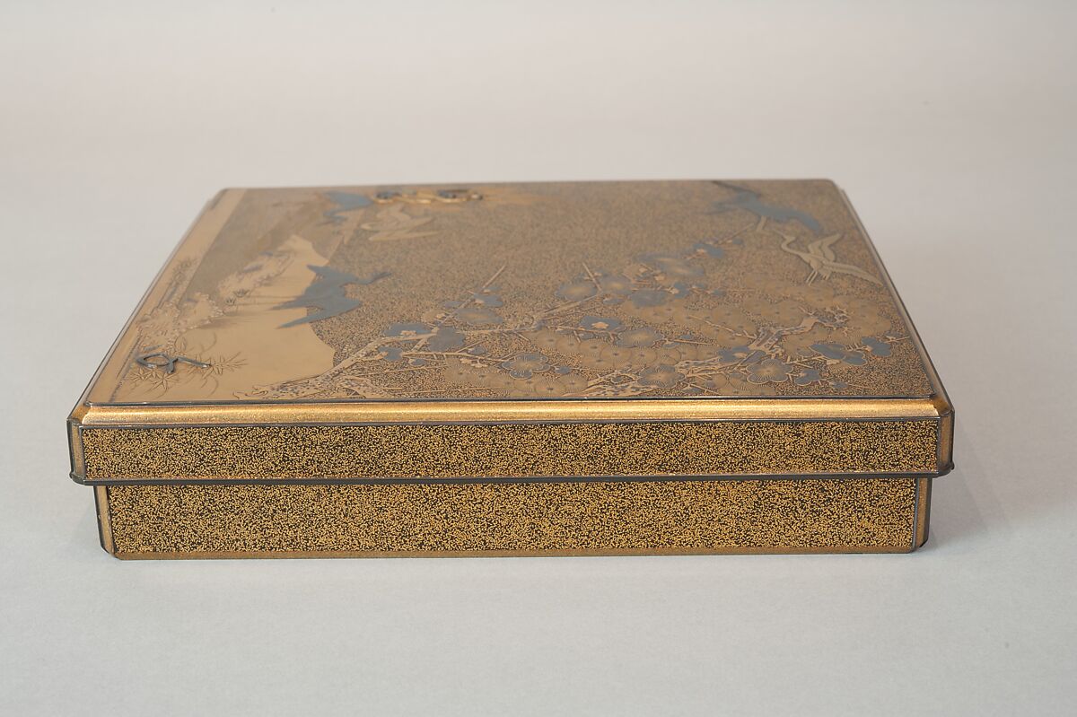 Writing Box with Cranes, Pines, Plum Blossoms, and Characters, Lacquered wood with gold and silver takamaki-e, hiramaki-e, togidashimaki-e, and silver inlay on nashiji ground, Japan
