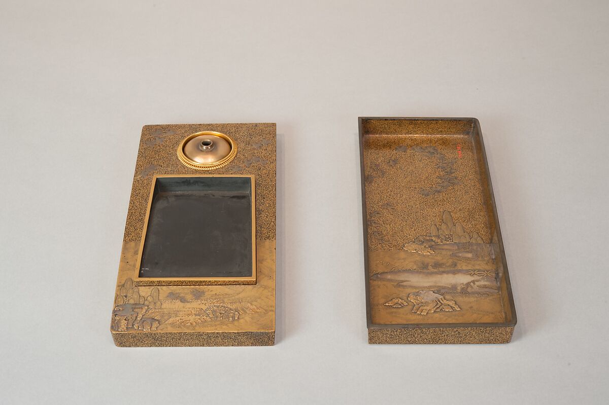 Writing Box with Cranes, Pines, Plum Blossoms, and Characters, Lacquered wood with gold and silver takamaki-e, hiramaki-e, togidashimaki-e, and silver inlay on nashiji ground, Japan