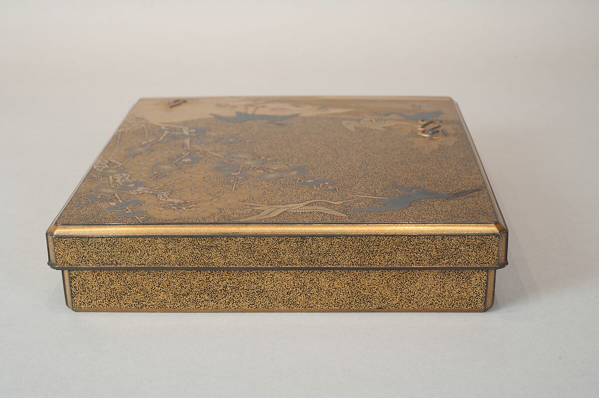 Writing Box with Cranes, Pines, Plum Blossoms, and Characters, Lacquered wood with gold and silver takamaki-e, hiramaki-e, togidashimaki-e, and silver inlay on nashiji ground, Japan