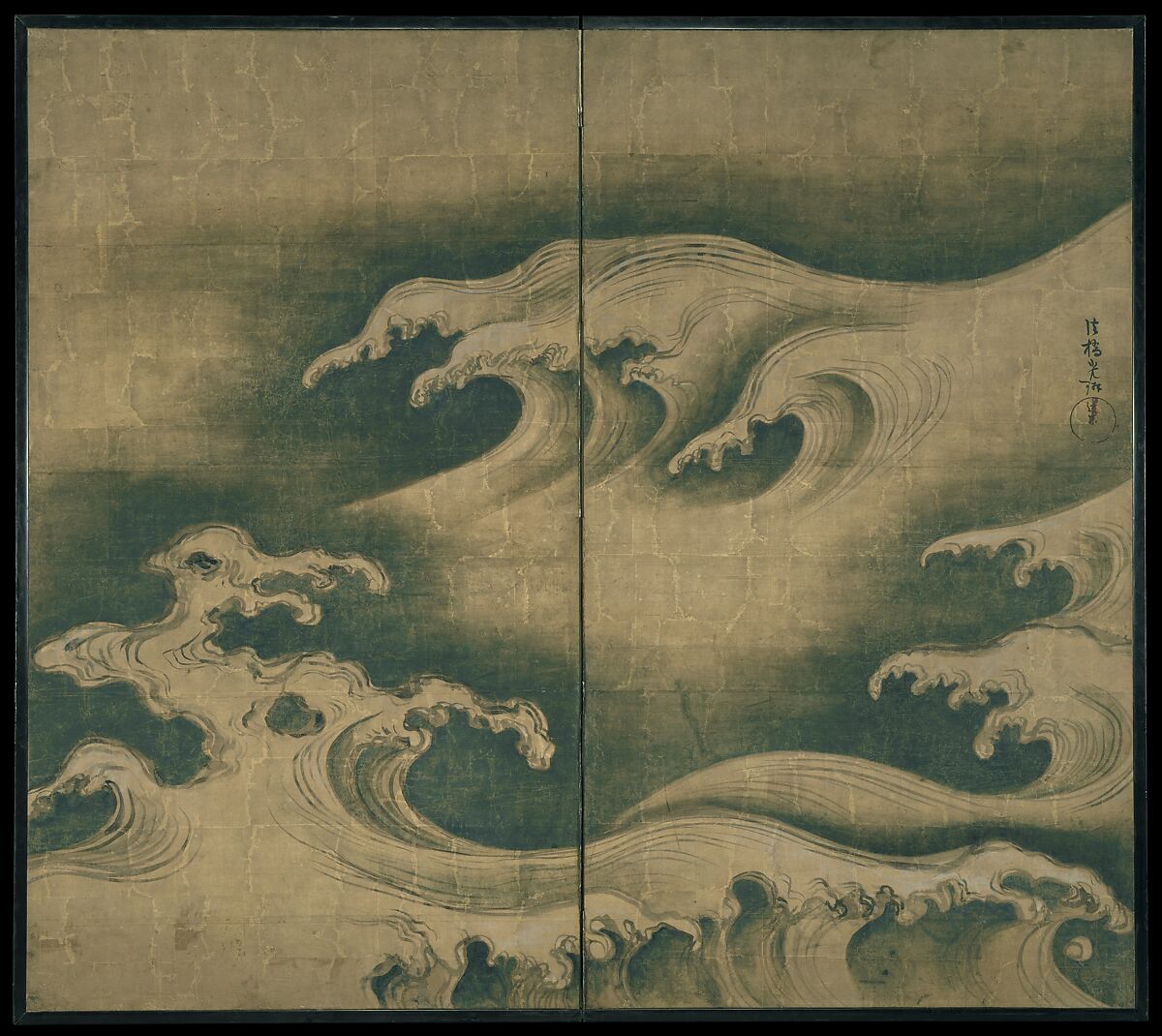 Rough Waves, Ogata Kōrin (Japanese, 1658–1716), Two-panel folding screen; ink, color, and gold leaf on paper, Japan 