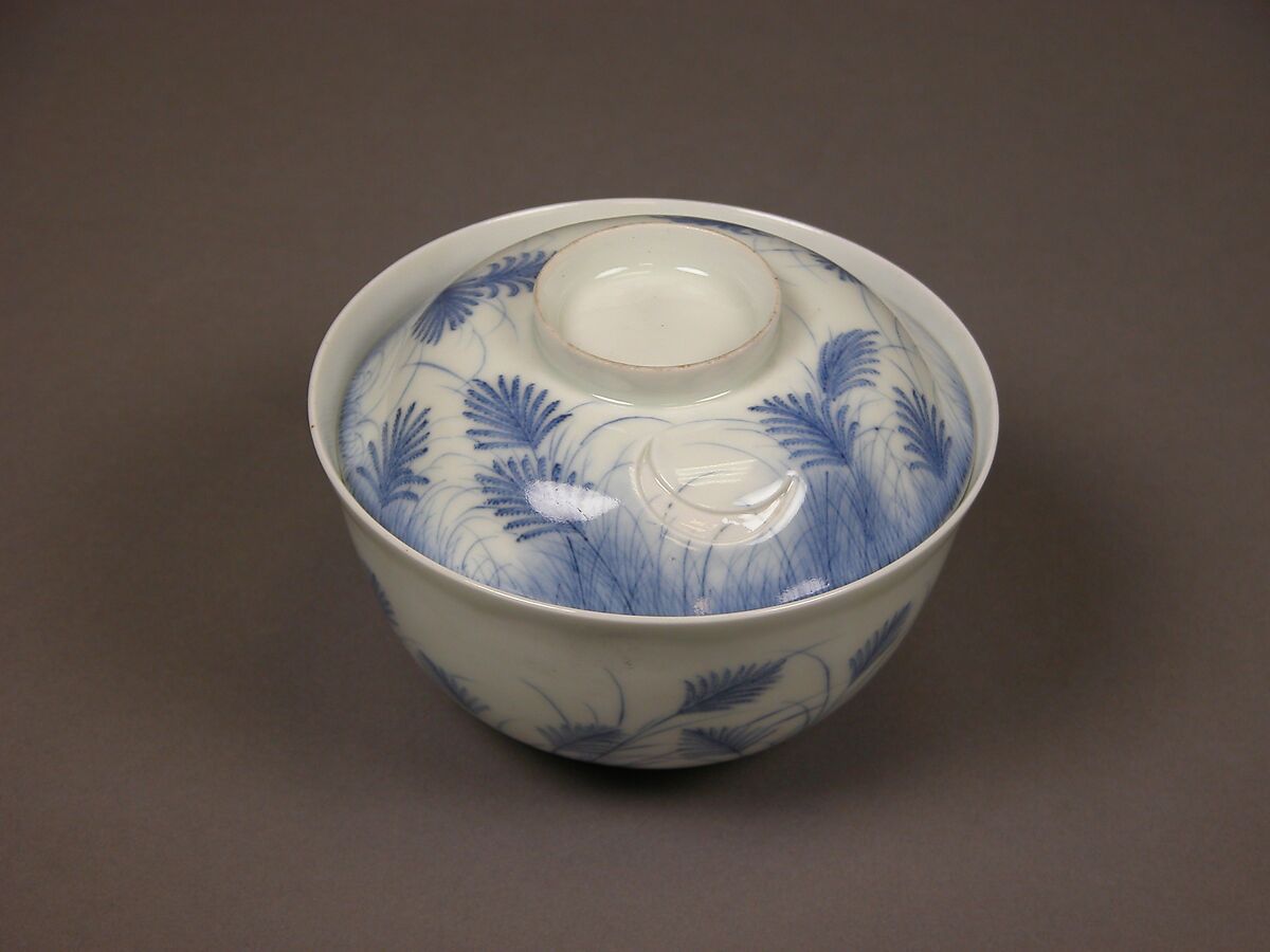 Covered Bowl with Design of Autumn Grass and Crescent Moon, Porcelain with underglaze blue (Hirado ware), Japan 