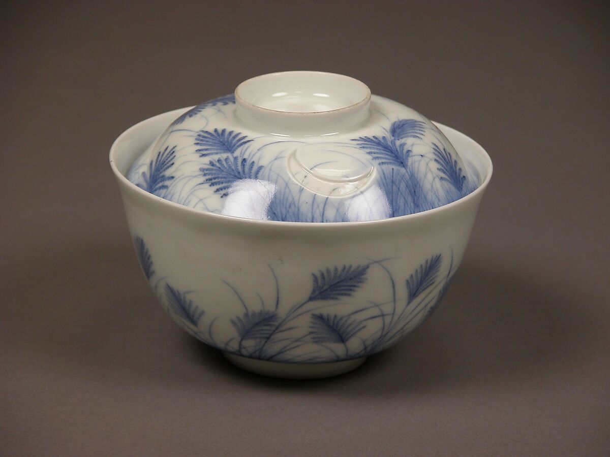 Covered Bowl with Design of Autumn Grass and Crescent Moon, Porcelain with underglaze blue (Hirado ware), Japan