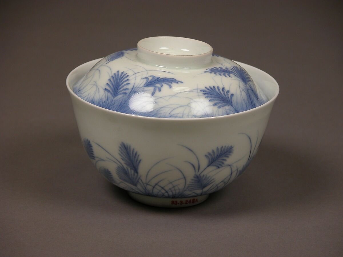 Covered Bowl with Design of Autumn Grass and Crescent Moon, Porcelain with underglaze blue (Hirado ware), Japan