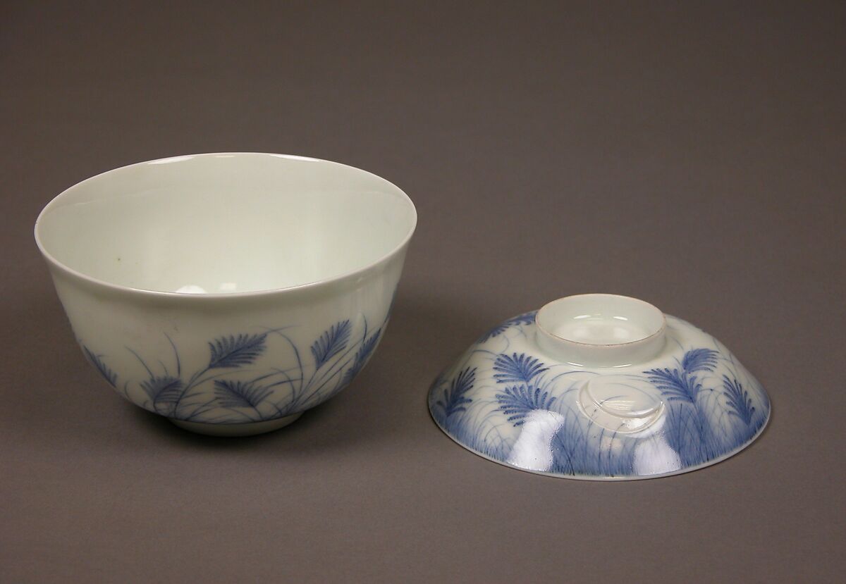 Covered Bowl with Design of Autumn Grass and Crescent Moon, Porcelain with underglaze blue (Hirado ware), Japan