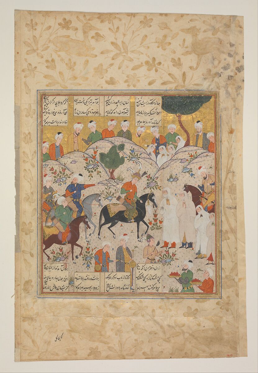 "Meeting of Bahram Gur with a Princess", Folio from a Shahnama (Book of Kings), Abu&#39;l Qasim Firdausi (Iranian, Paj ca. 940/41–1020 Tus), Ink, watercolor, and gold on paper 