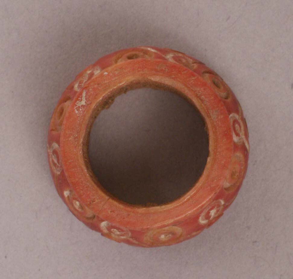 Button, Bone; tinted, incised, and inlaid with paint