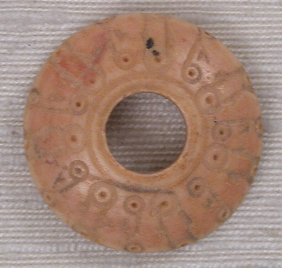 Button or Bead or Spindle Whorl, Bone; incised and inlaid with paint
