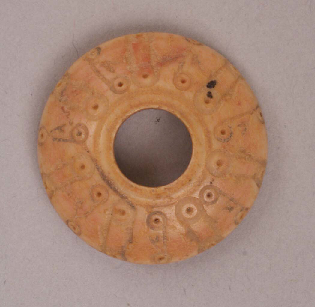Button or Bead or Spindle Whorl, Bone; incised and inlaid with paint 