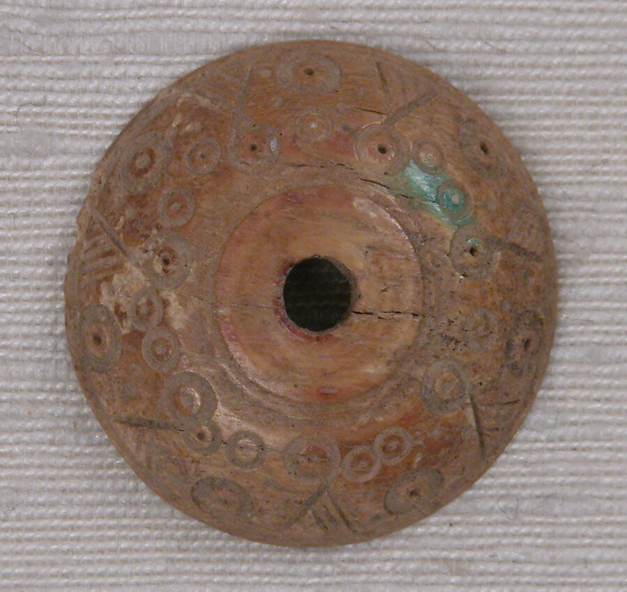 Button or Bead, Bone; tinted, incised and inlaid with paint