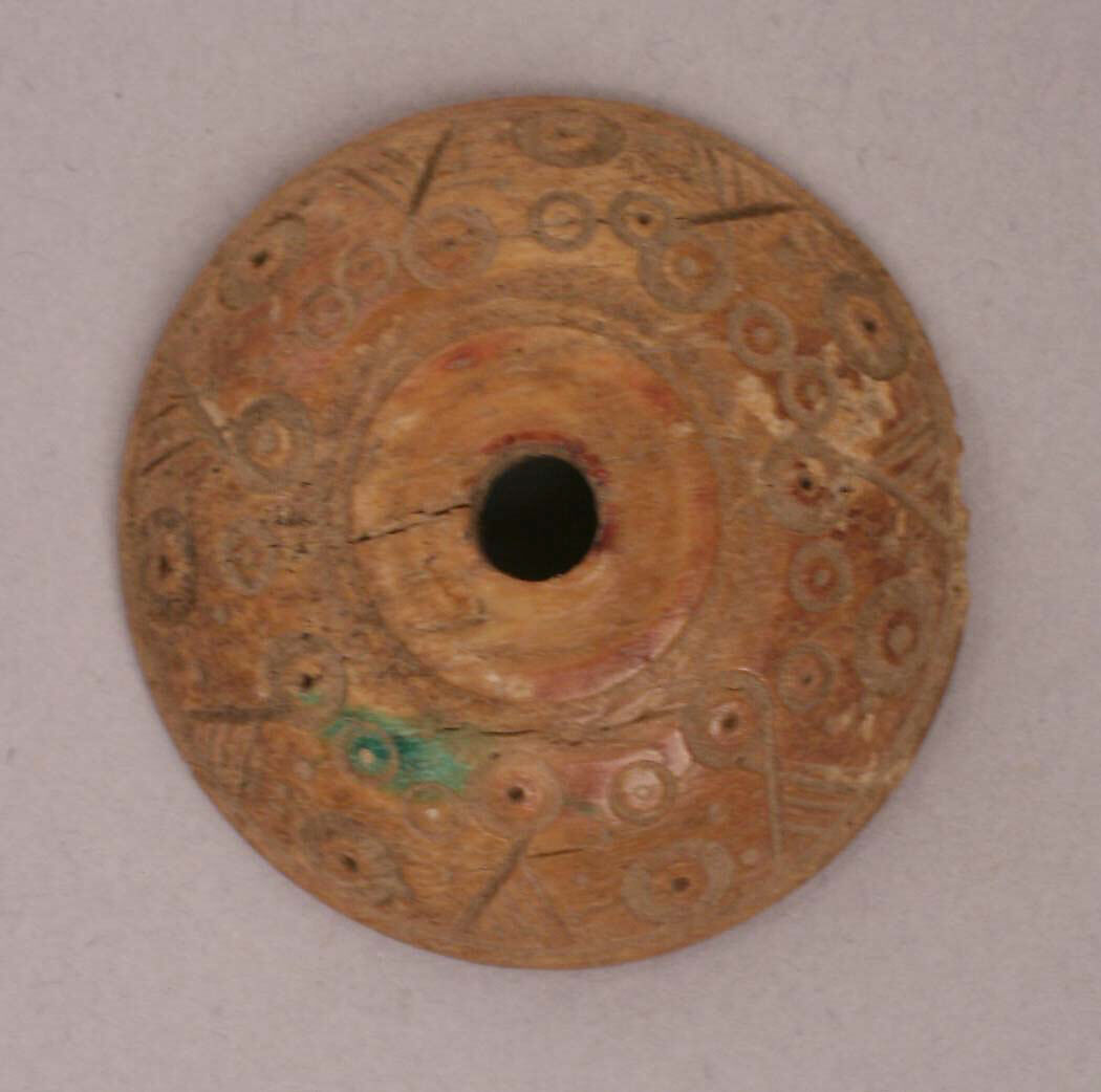 Button or Bead, Bone; tinted, incised and inlaid with paint 