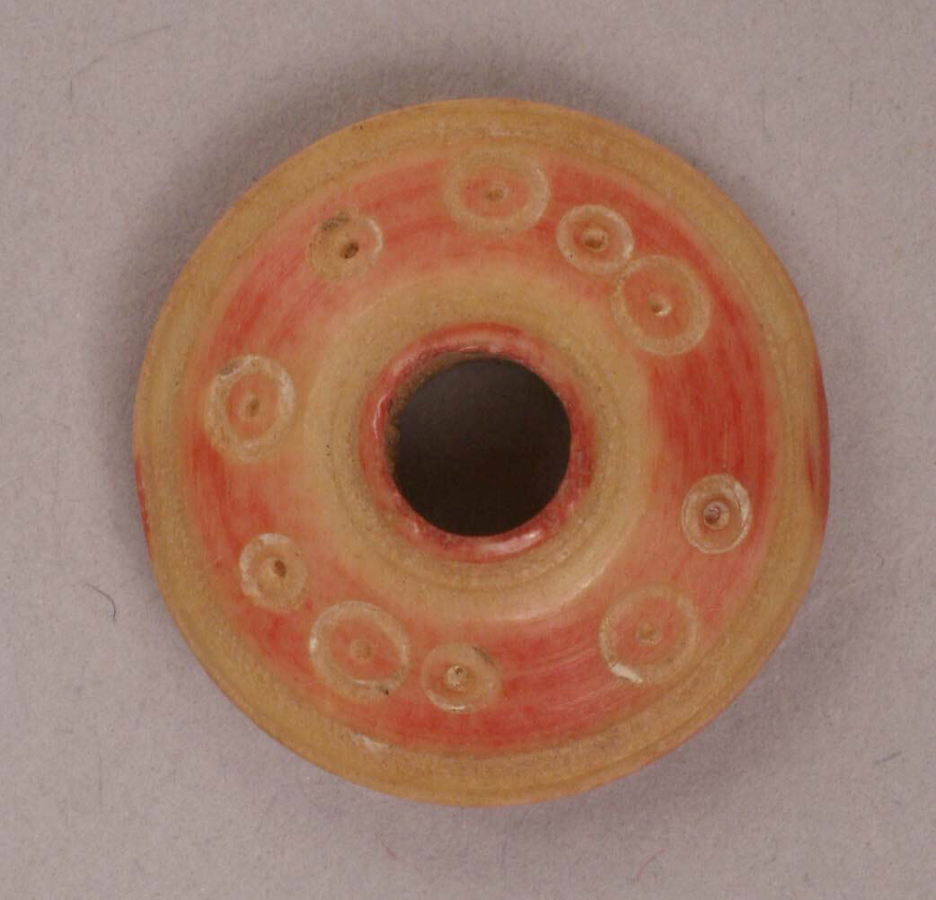 Button or Bead, Bone; tinted, incised, and inlaid with paint 