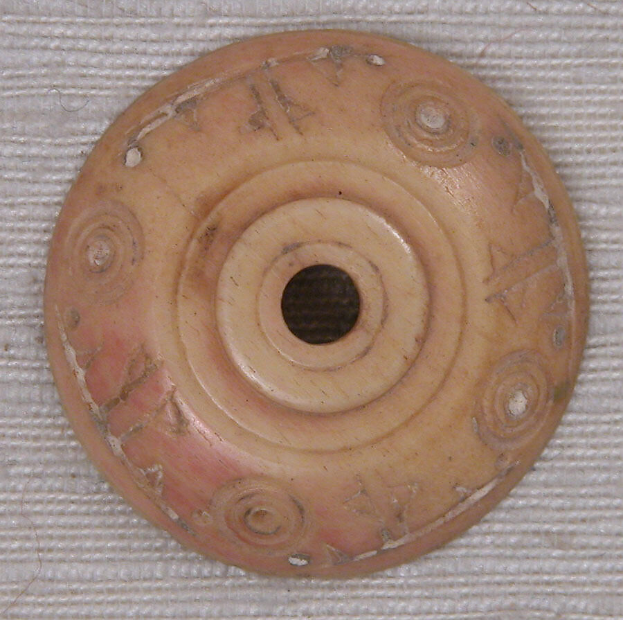 Button or Spindle Whorl, Bone; tinted, incised, and inlaid with paint
