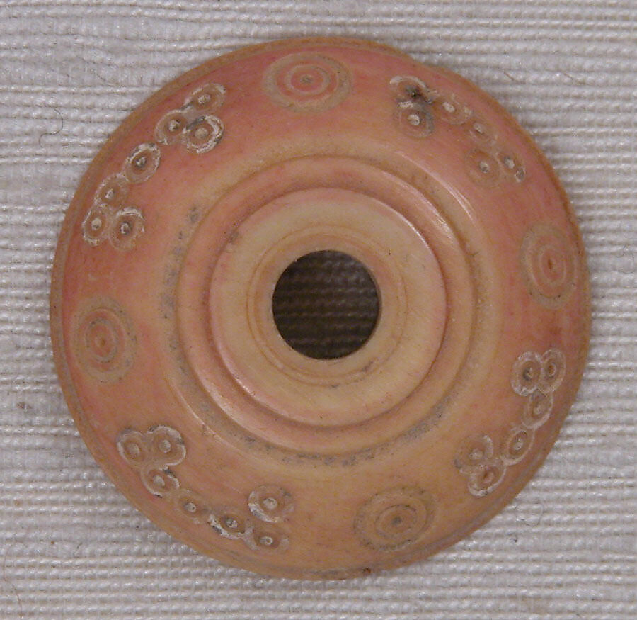 Button or Spindle Whorl, Bone; tinted, incised, and inlaid with paint