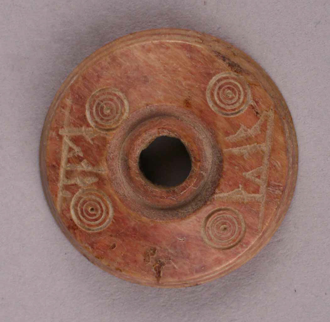 Button or Bead, Bone; tinted, incised, and inlaid with paint 