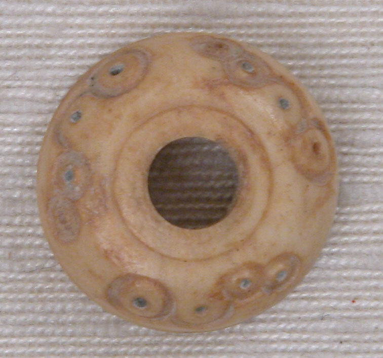 Button, Bone; incised and inlaid with paint