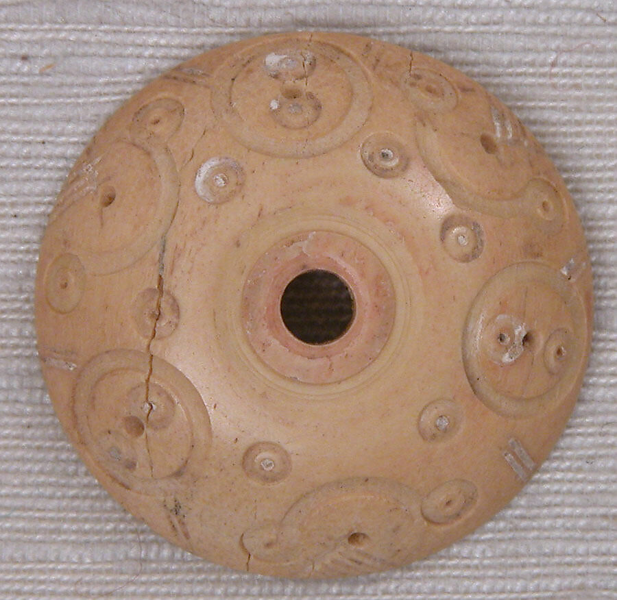 Button or Spindle Whorl, Bone; incised and inlaid with paint