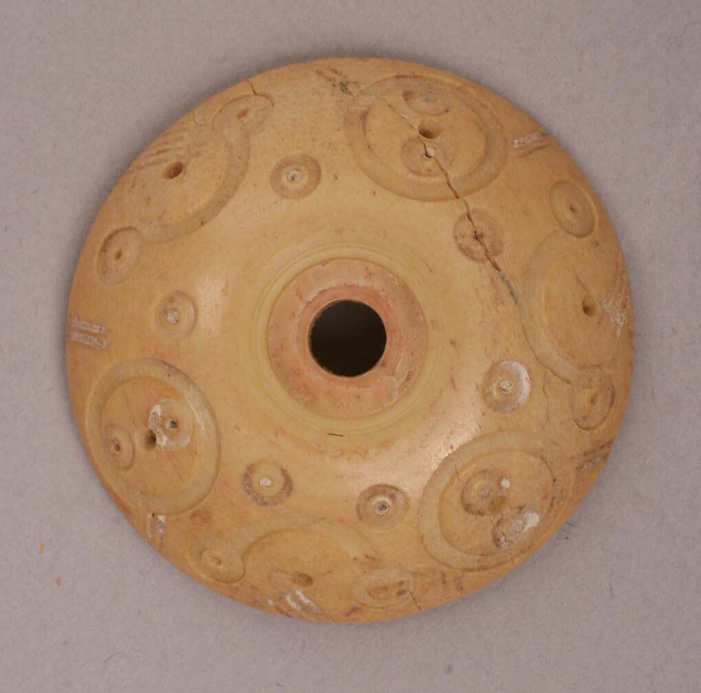 Button or Spindle Whorl, Bone; incised and inlaid with paint 
