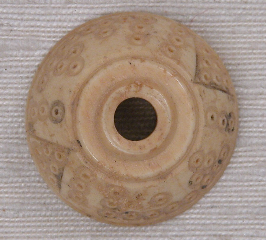 Button or Bead or Spindle Whorl, Bone; incised and inlaid with paint