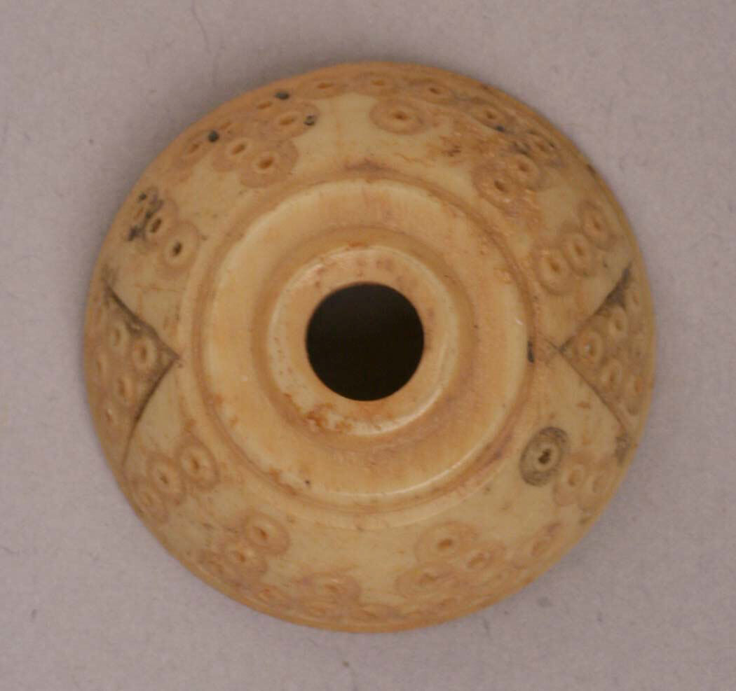 Button or Bead or Spindle Whorl, Bone; incised and inlaid with paint 