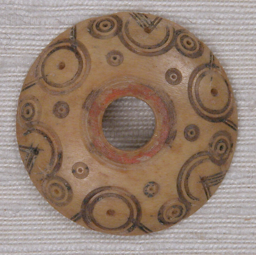 Button or Spindle Whorl, Bone; incised and inlaid with paint