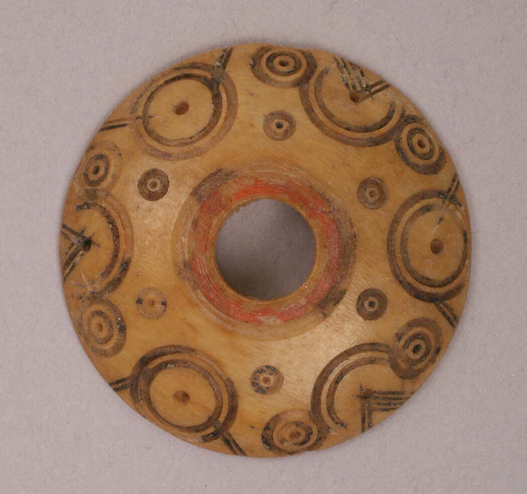 Button or Spindle Whorl, Bone; incised and inlaid with paint 