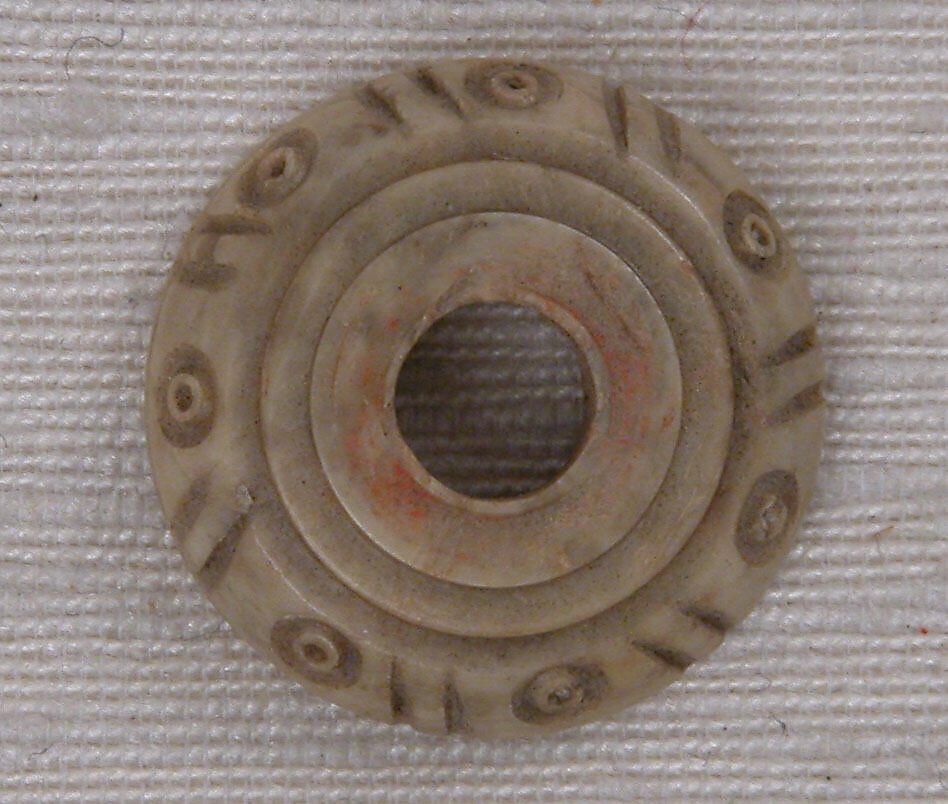 Button or Bead, Bone; tinted, incised, and inlaid with paint