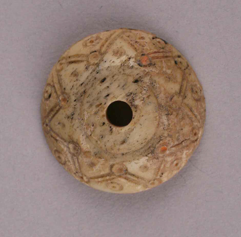 Button or Bead, Bone; tinted, incised, and inlaid with paint 