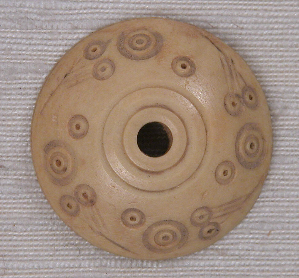 Button or Spindle Whorl, Bone; incised and inlaid with paint