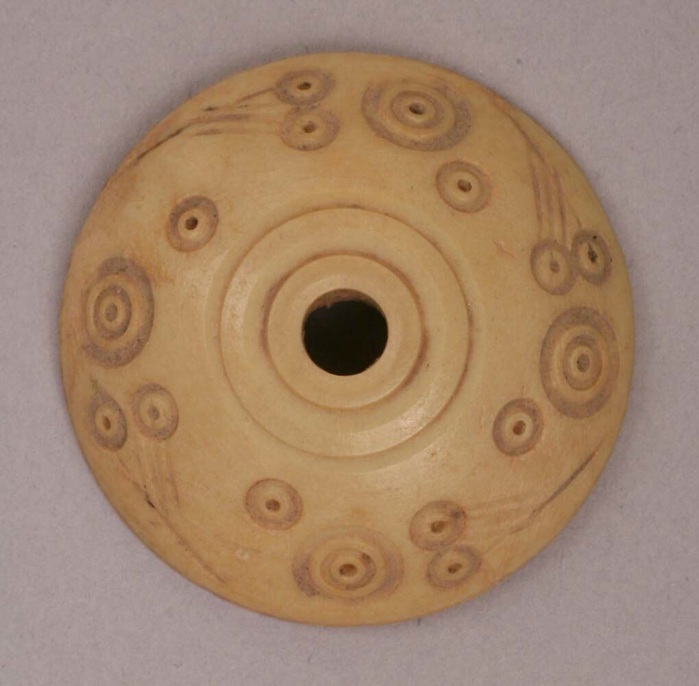 Button or Spindle Whorl, Bone; incised and inlaid with paint 