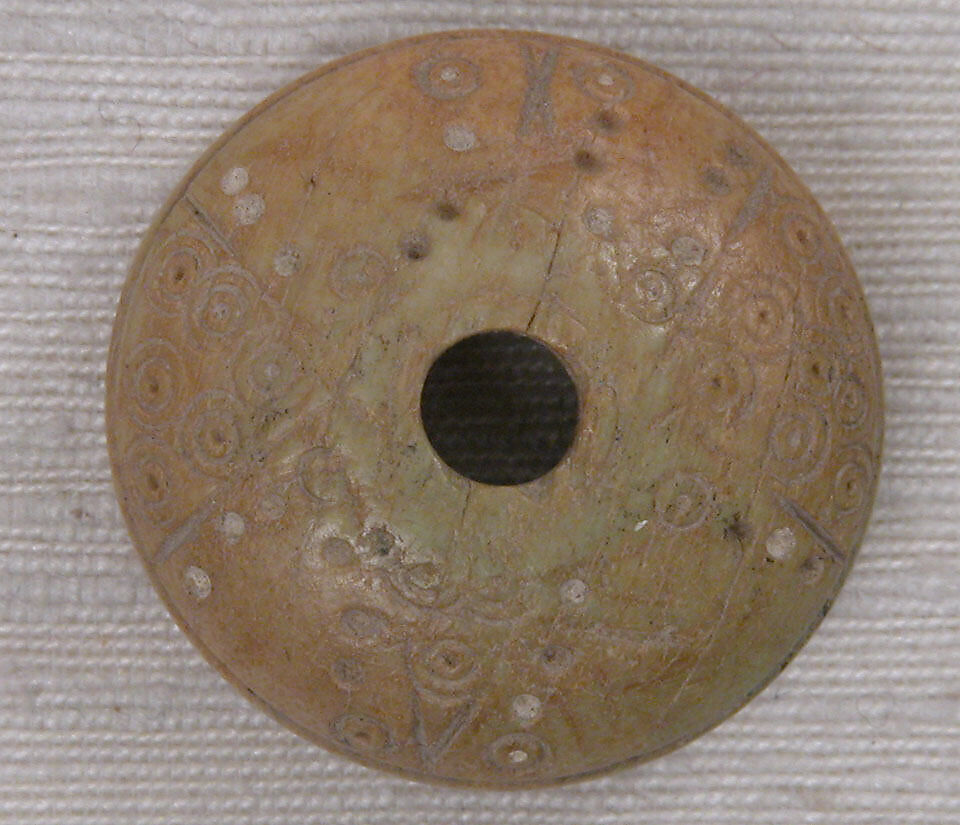 Button or Spindle Whorl, Bone; tinted, incised, and inlaid with paint