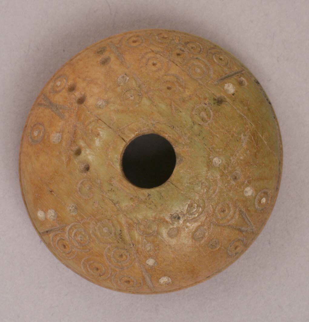 Button or Spindle Whorl, Bone; tinted, incised, and inlaid with paint 