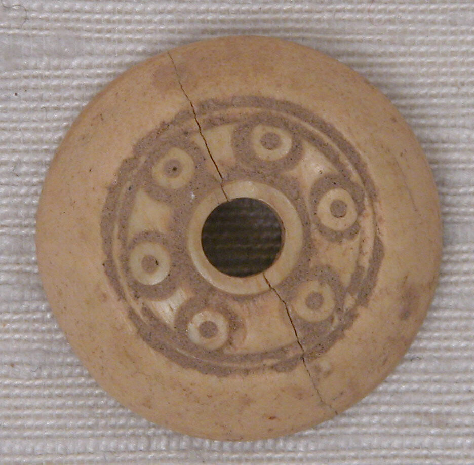 Button or Bead or Spindle Whorl, Bone; incised and inlaid with paint