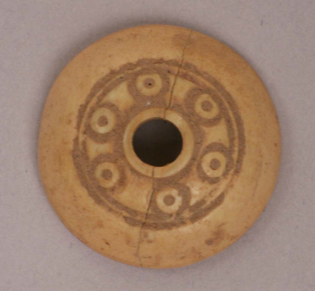 Button or Bead or Spindle Whorl, Bone; incised and inlaid with paint 