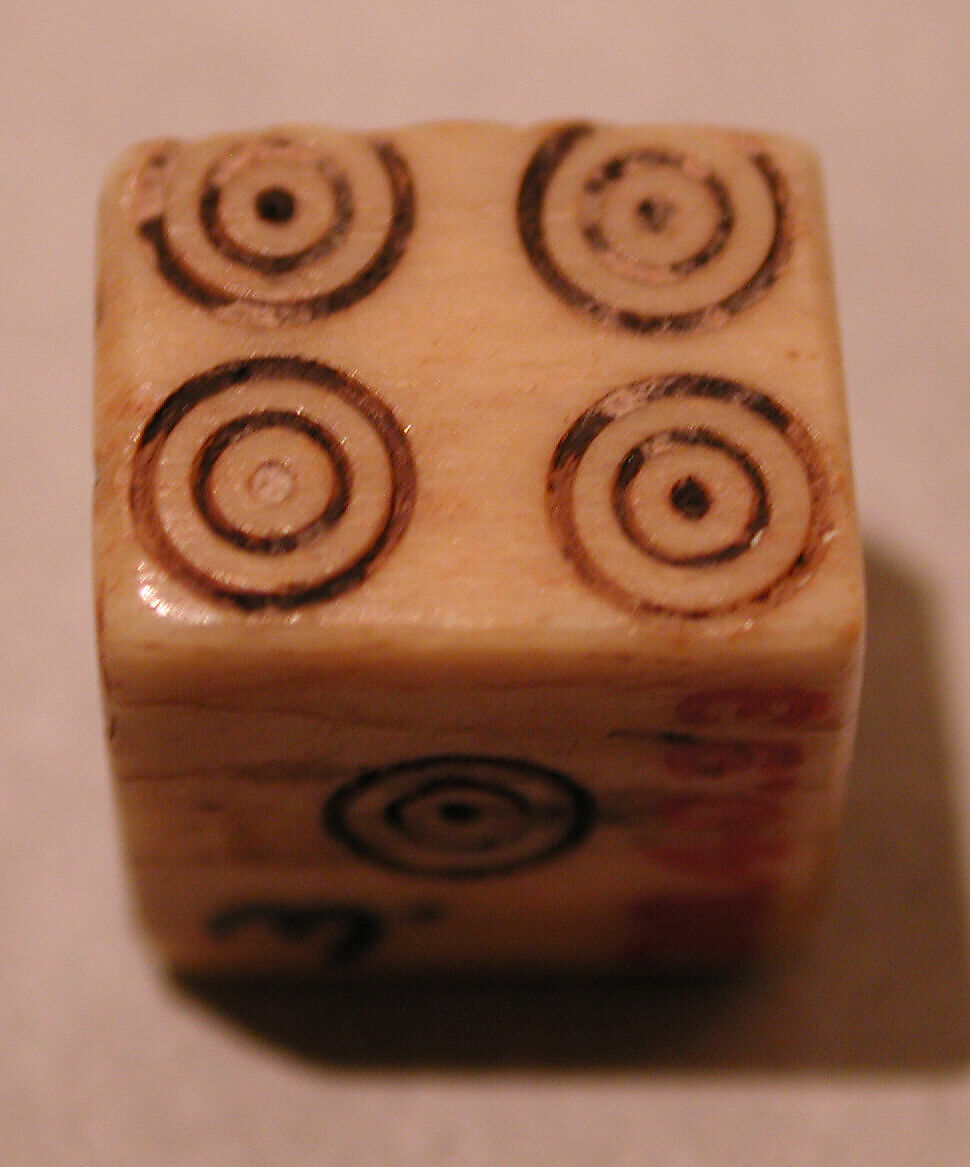 Dice, Ivory or bone; incised and inlaid with paint