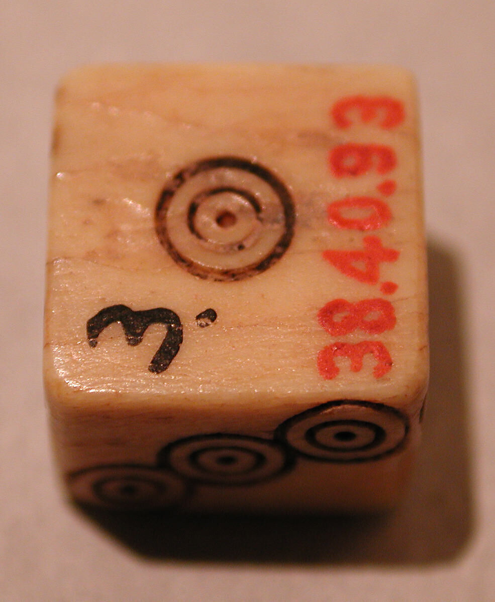 Dice, Ivory or bone; incised and inlaid with paint
