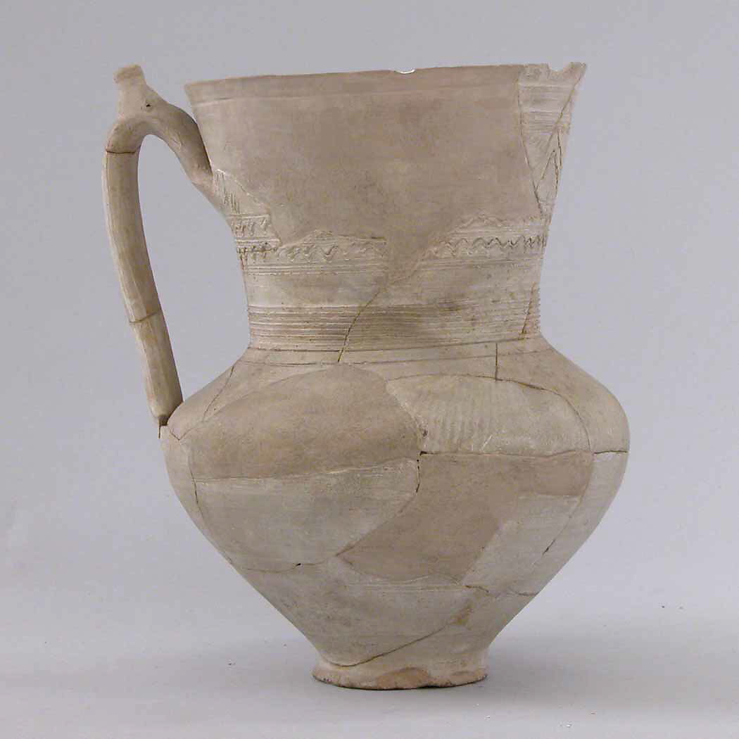 Jug, Earthenware; covered with slip and incised, unglazed 