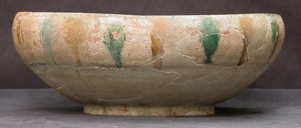 Bowl, Earthenware; white slip, incised and splashed with polychrome glazes under transparent glaze (sgraffito ware)
