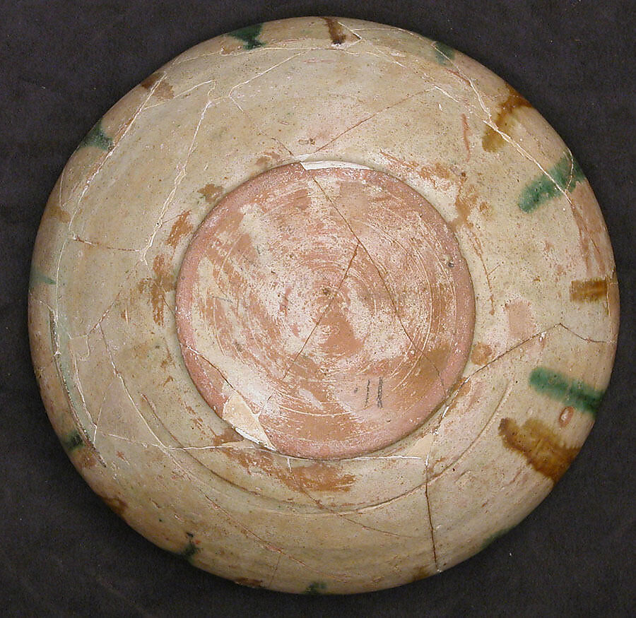 Bowl, Earthenware; white slip, incised and splashed with polychrome glazes under transparent glaze (sgraffito ware)