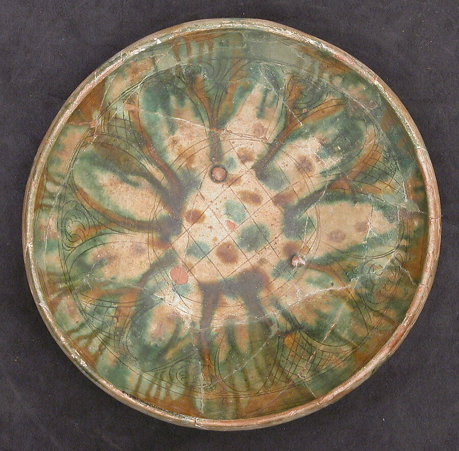 Bowl, Earthenware; white slip, incised and splashed with polychrome glazes under transparent glaze (sgraffito ware) 