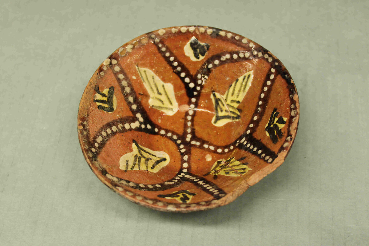 Bowl with Polychrome Decoration on a Red Slip Ground, Earthenware; red slip with polychrome slip decoration under transparent glaze