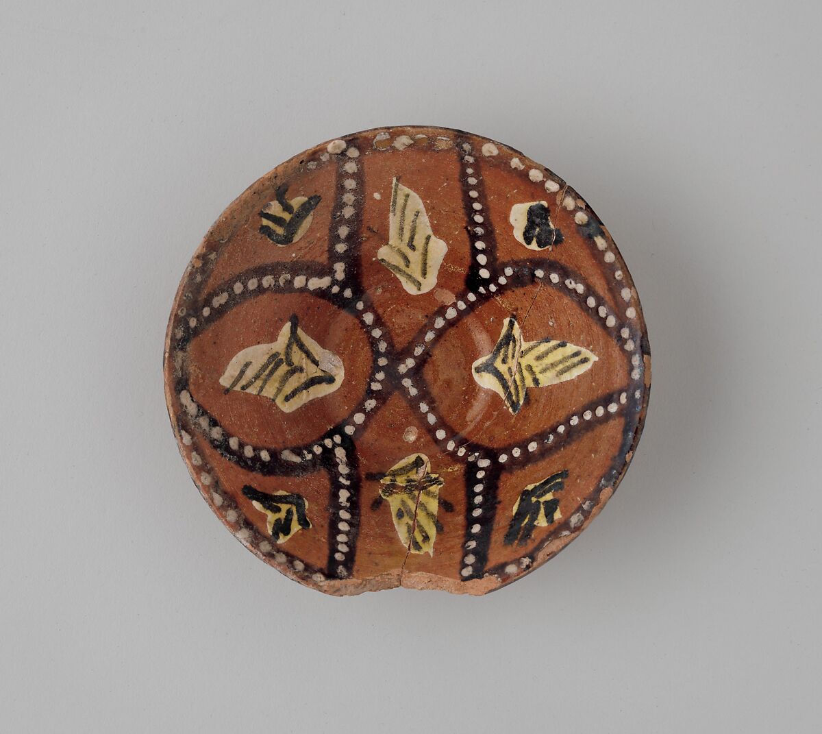 Bowl with Polychrome Decoration on a Red Slip Ground, Earthenware; red slip with polychrome slip decoration under transparent glaze 